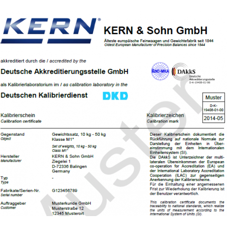 Certificat d'étalonnage DAkkS pour poids de 1g - 500g